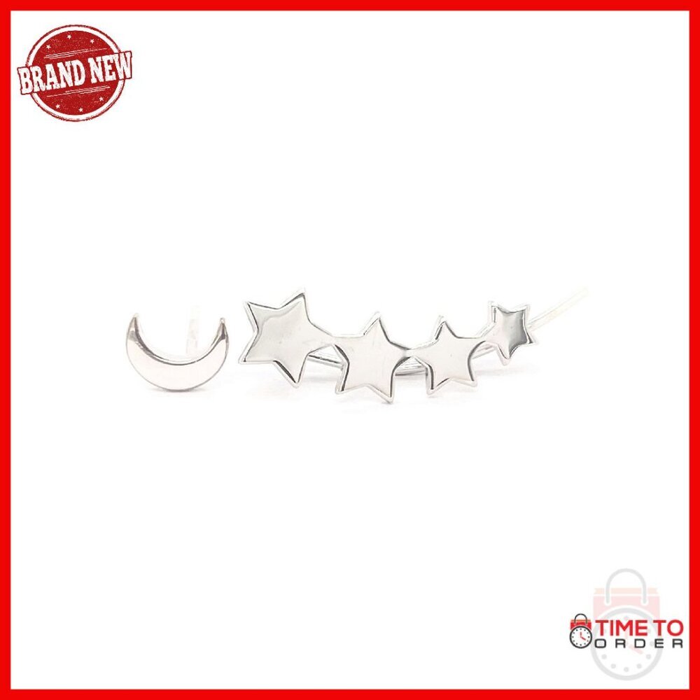 Sterling Silver Mismatched Moon Star Ear Climber Stud Earrings